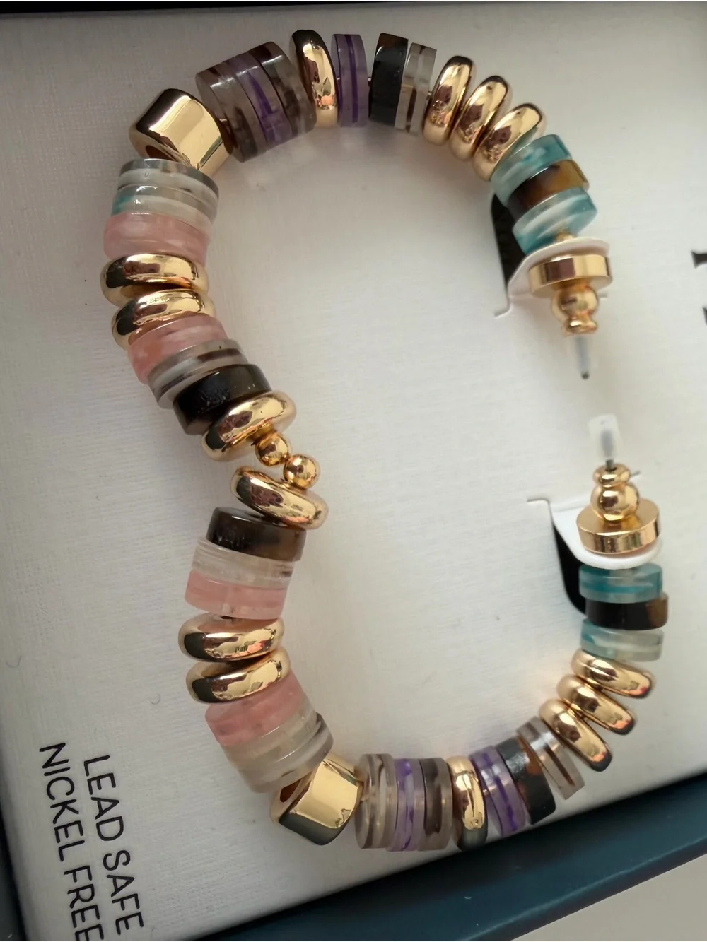 Gold colorful beaded stone Hoop Earrings